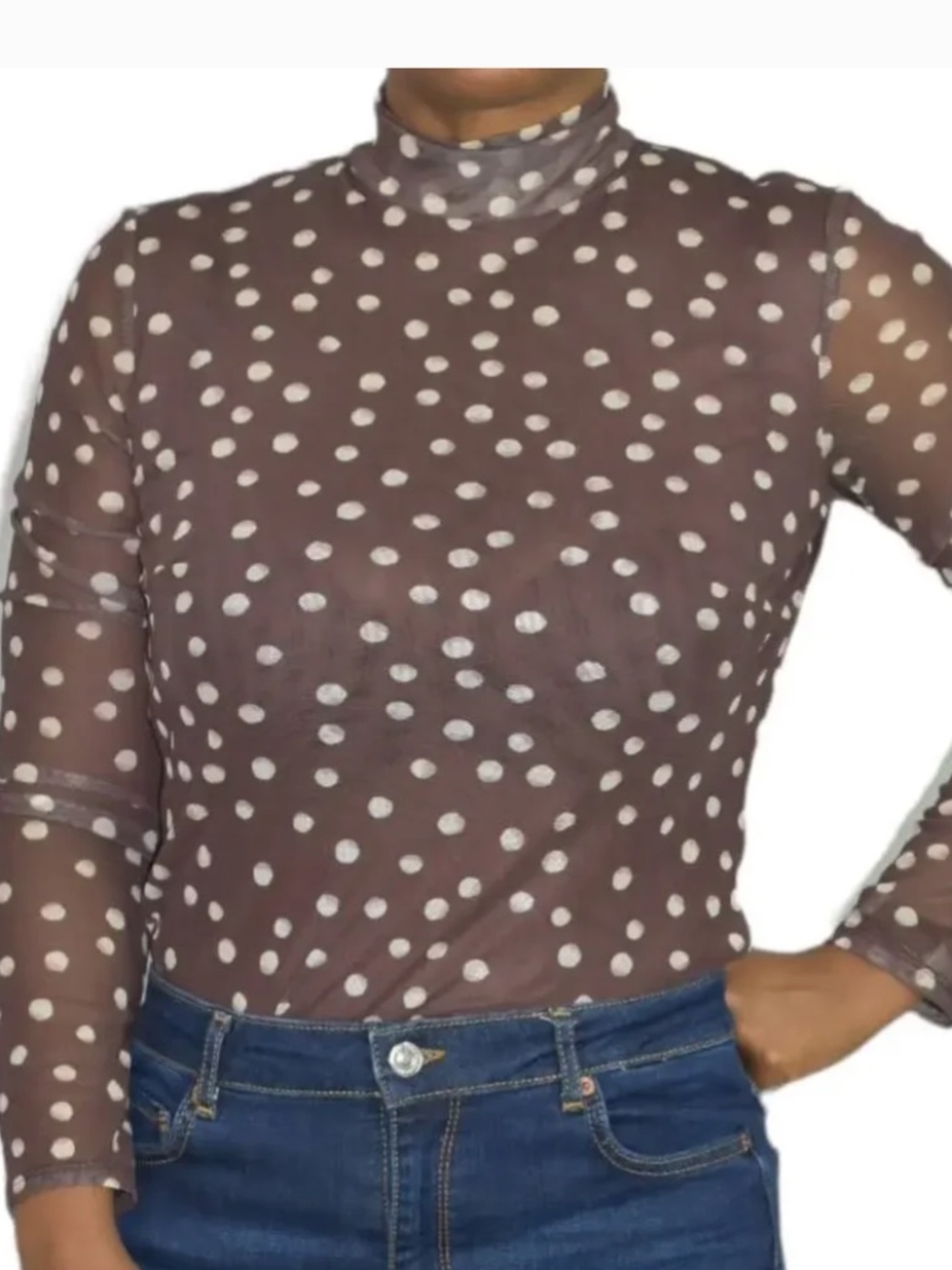 525 America Mesh Top Brown Printed Long Sleeve Mock Neck Dots Sheer Size Small